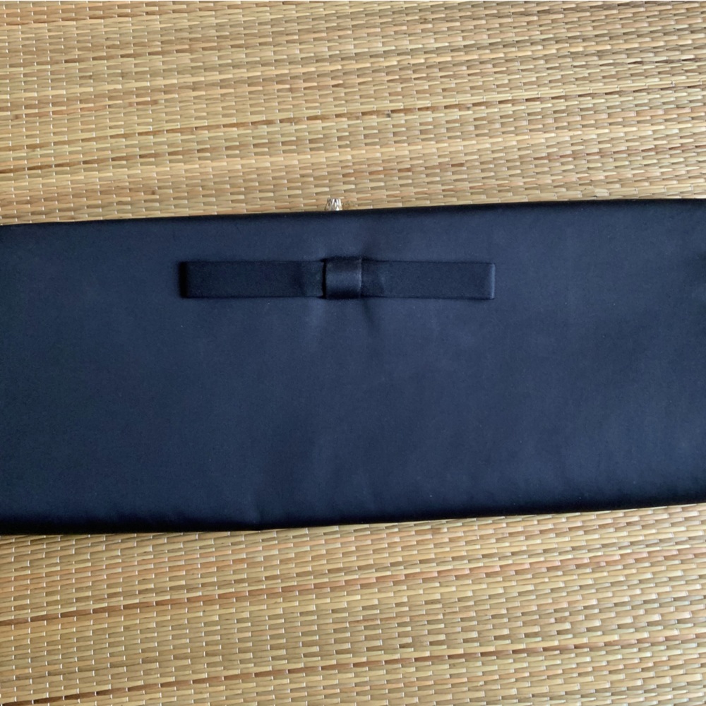 Vintage black satin clutch w/ tuxedo bow gold hardware & peach lining
